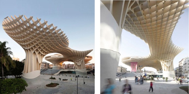 Навес от солнца на площади Пласа де ла Энкарнасьон в Севилье, Испания. Architects J. Mayer. H have completed a giant latticed timber canopy as part of their redevelopment of the Plaza de la Encarnacíon in Seville, Spain.